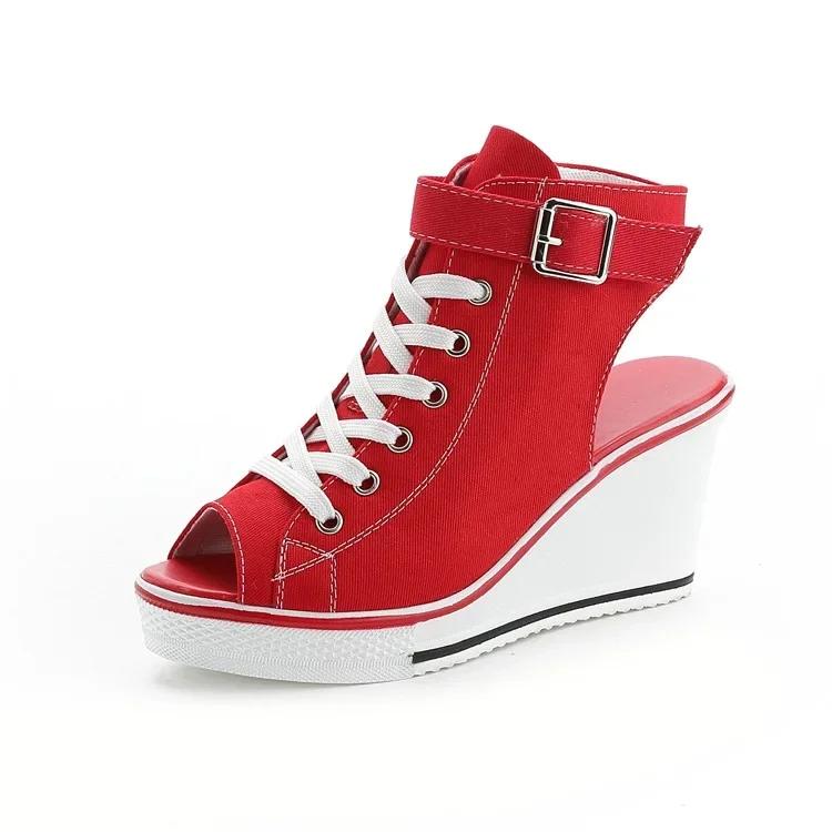 Fashion New Spring Summer Women's High Wedge Canvas Fish Mouth Shoes Korean Version of The Slope Open Toe Hollow Lace Up Canvas Shoes