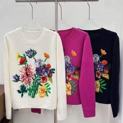 Flower Embroidery Jacquard Women Sweater Tops 2025 Spring Stylish Elegant Loose Knitwear Long Sleeve Round Neck Ladies Jumpers