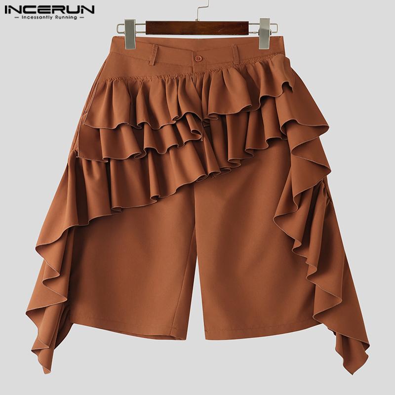 INCERUN Men Zipper Waist Irregular Ruffled Layers Casual Capri Pants