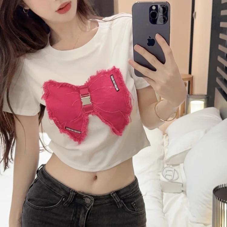 American retro sweet Spice Girl short front shoulder top design sense chic three-dimensional bow slim short sleeve t-shirt women