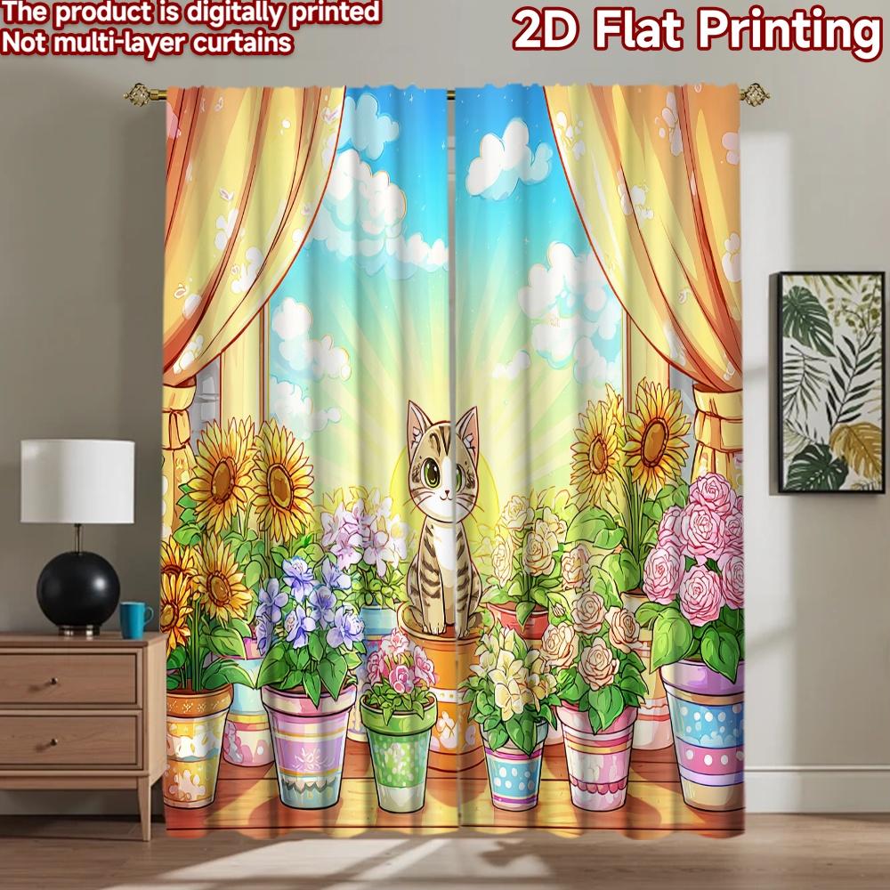 2D flat printing 2pcs Window Treatment Curtains Cute Cat Flower Balcony Digital Printed Polyester Drapes Festive Wall Decor for