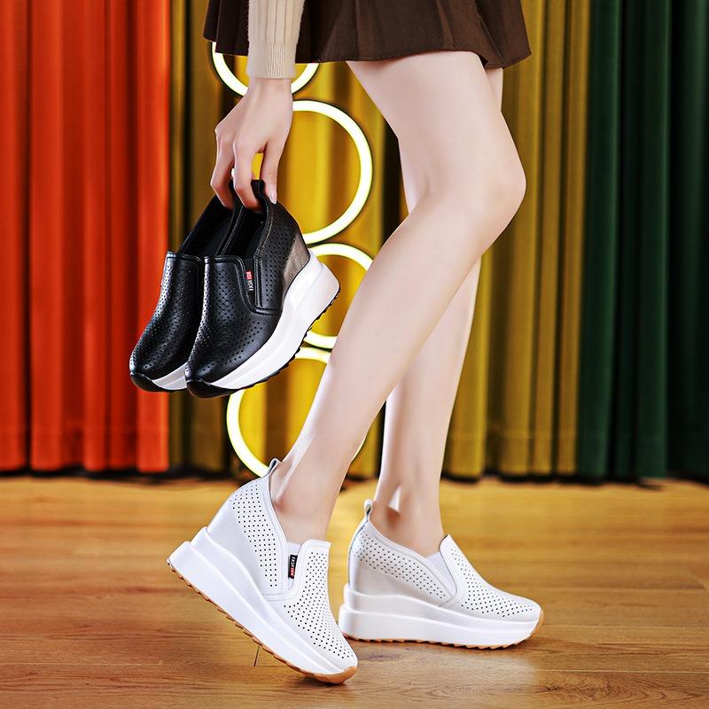 Fashion 10CM Wedge Pumps Moccasins Women Platform High Brand Sandals Genuine Leather Hollow Summer Shoes Hidden Heels Female Shoes 2024