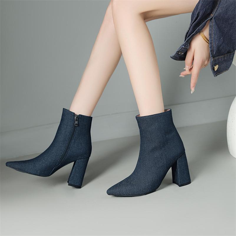 FOREADA Damen Stiefeletten Spitz Zehenbereich Klobige Hohe Absätze Reißverschluss Denim Kurze Stiefel Damenmode Herbst Winterschuhe Dunkelblau 43