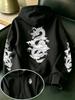 Men's Auspicious Cloud and White Dragon Ink Painting Print Hooded Sweatshirt, Retro Japanese Traditional Ukiyo-e Style Pullover