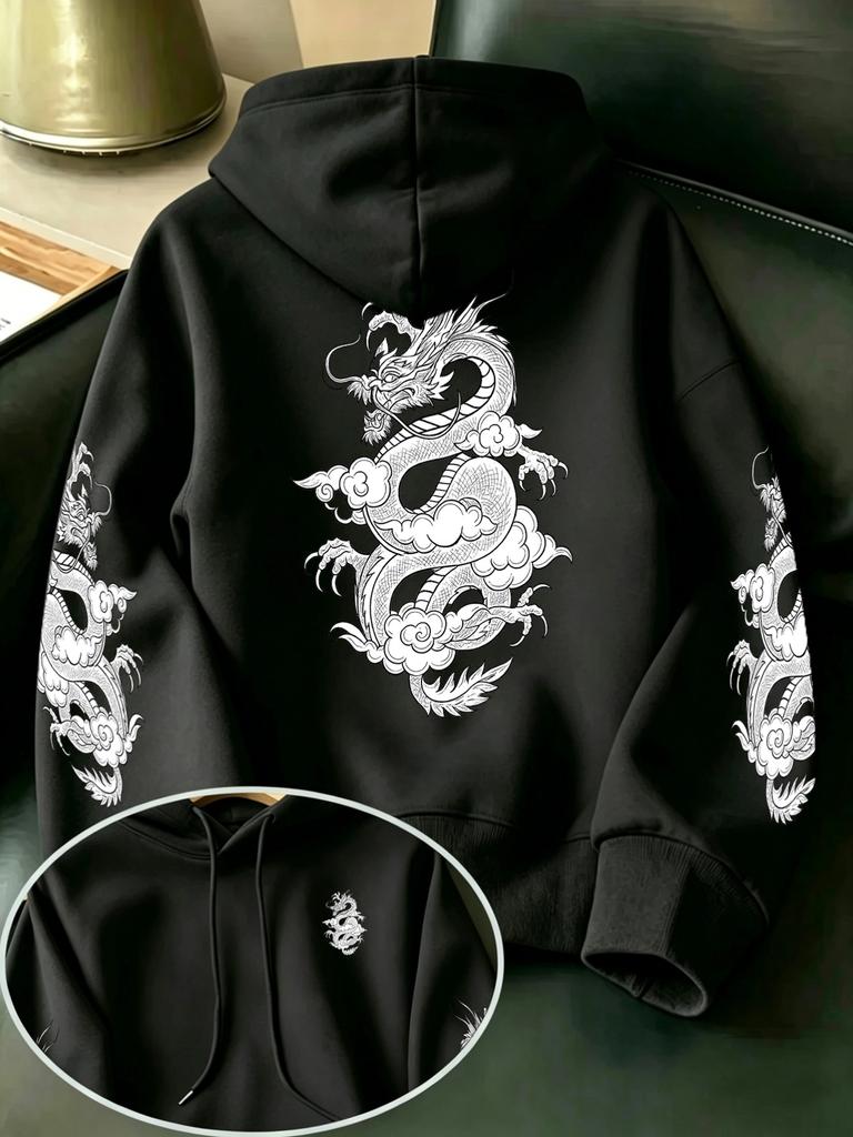 Men's Auspicious Cloud and White Dragon Ink Painting Print Hooded Sweatshirt, Retro Japanese Traditional Ukiyo-e Style Pullover