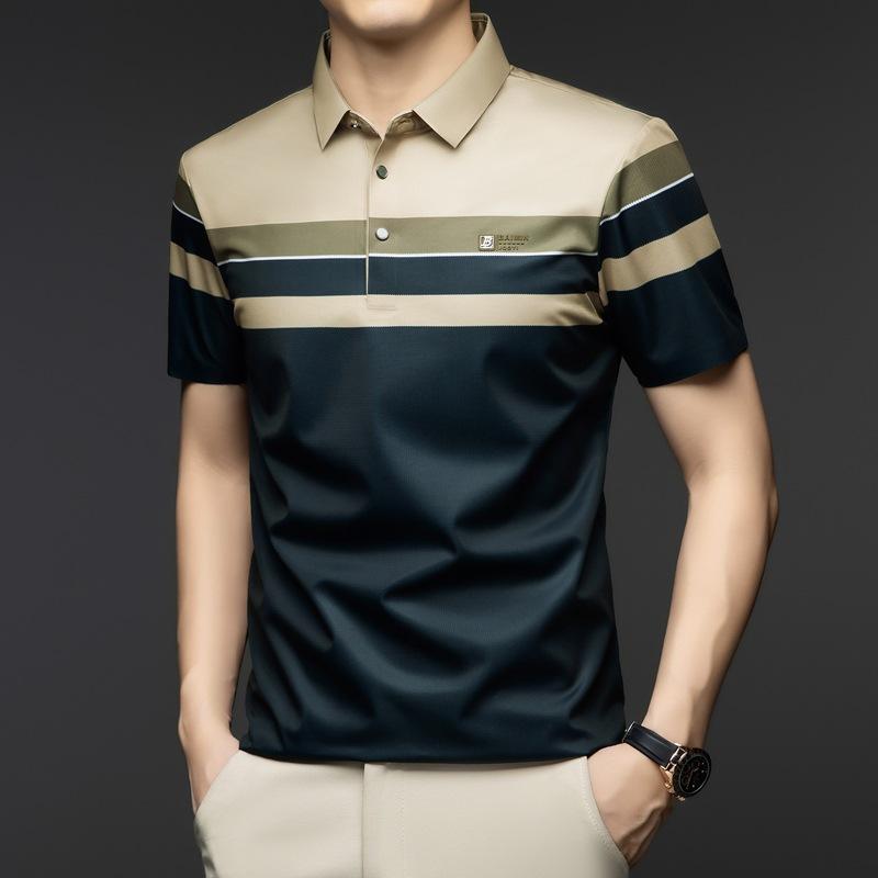 

Нижняя рубашка Повседневная красивая мужская футболка с короткими рукавами Поло в полоску с лацканами средней длины M