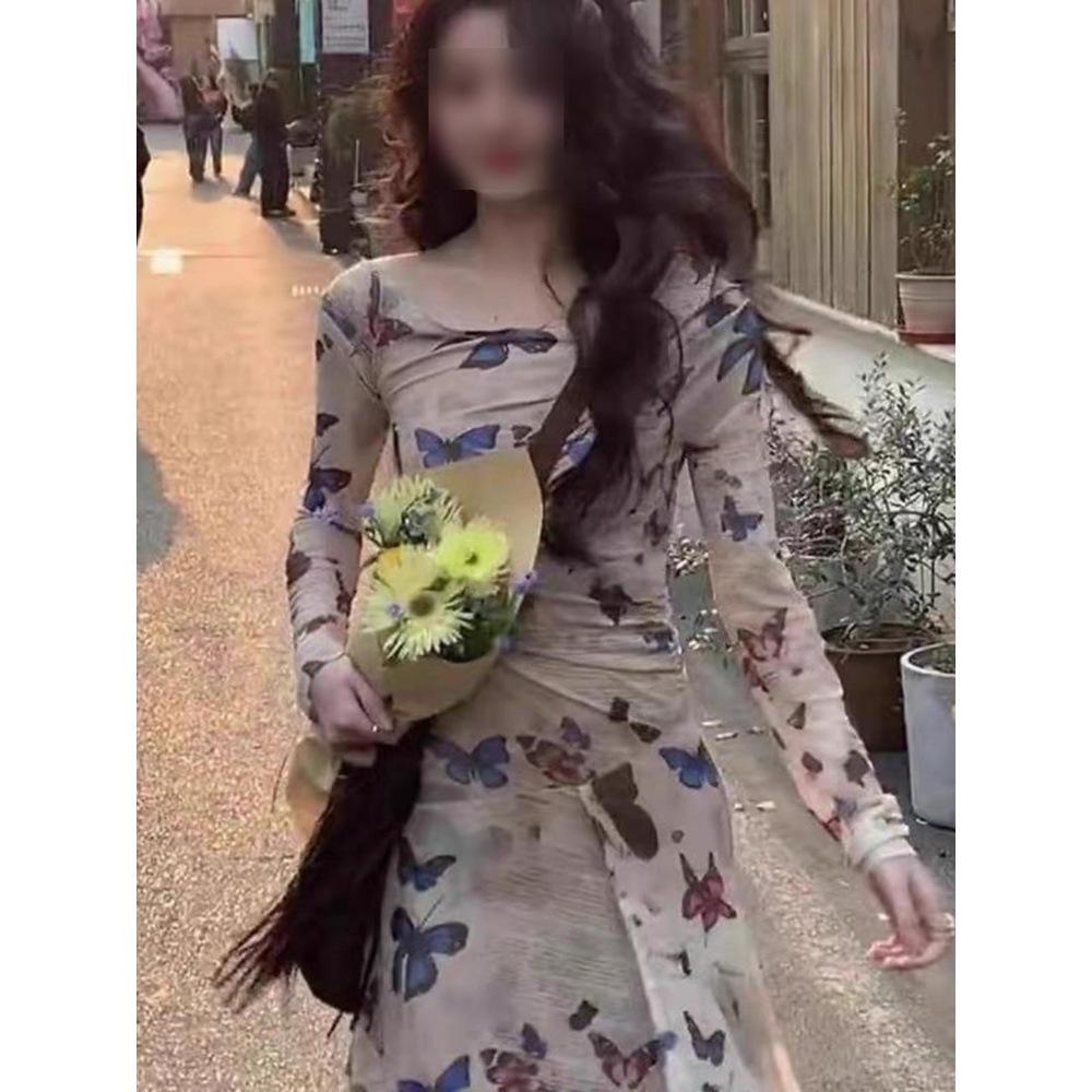 New temperament printed one-word shoulder dress casual irregular long skirt women's spring and autumn