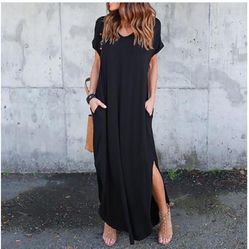 JPNTKY Fashion Summer Spring Solid Color Print Short Sleeve V-Neck Casual Dresses