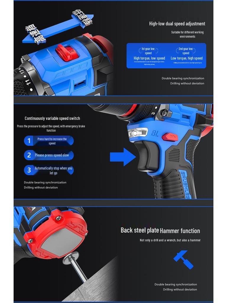 Compact Rechargeable Brushless Motor Drill: Multi-Function Impact Tool for Home Use