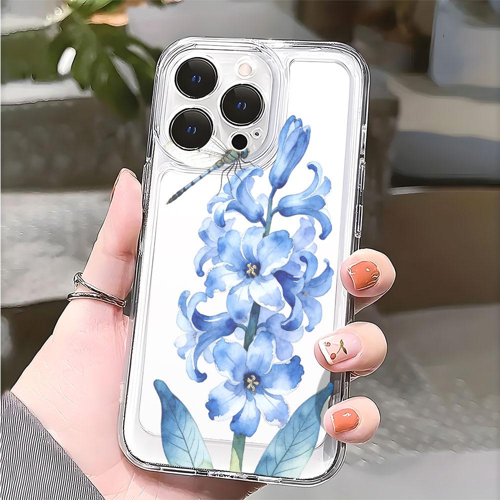 Watercolor Blue Hyacinth and Dragonfly Lucency Phone Case for IPhone 14 15 16 13 12 11 17 Pro Max 12 13 Mini Soft Cover