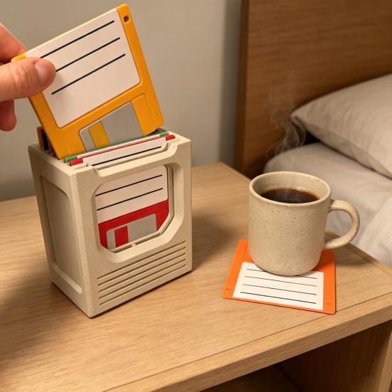 1 sada Retro Tech podtácek na disketu s držákem 3D tištěné podložky pod nápoje ve stylu karet na stůl Domů Tepelně odolné Unikátní dárek pro technologické nadšence a hráče