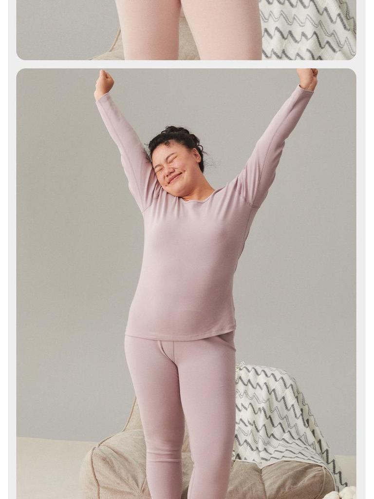 Women's Plus Size Double-Sided Flannel Underwear Set - Pure Cotton, Thick Round Neck Base Layer for Autumn and Winter
