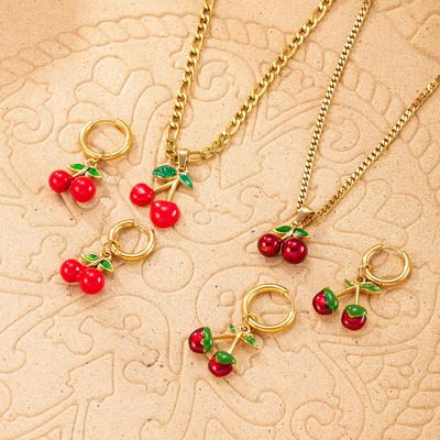 Stainless Steel Necklace Drip Red Oil Cherry Earrings Cute Sweet Plated 18k Gold Titanium Steel Jewelry Set
