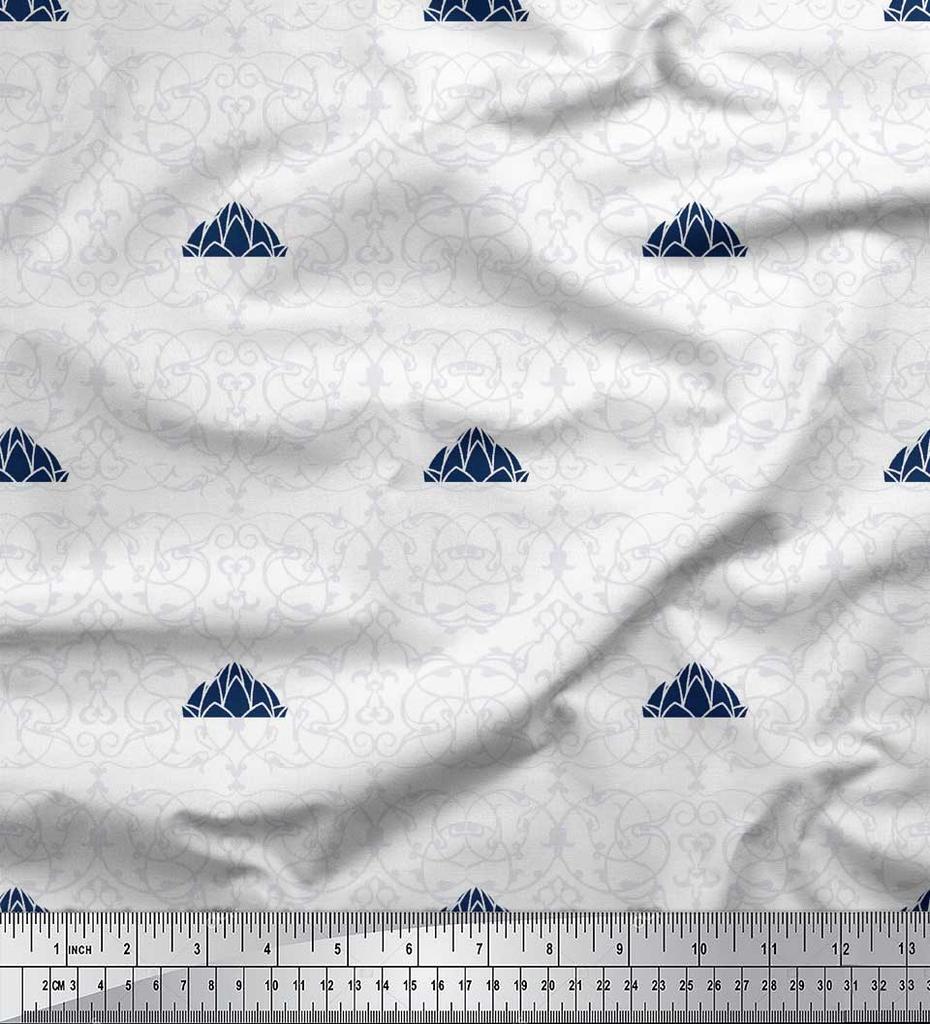 Soimoi Black Japan Crepe Satin Fabric Damask & Lotus Temple Architectural Print Fabric by the Metre 42 Inch