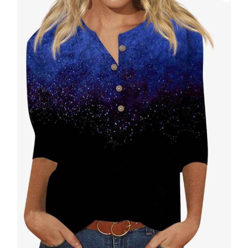 Button V-neck 3D Printed Top Fashionable Casual Long Sleeved Women's T-shirts