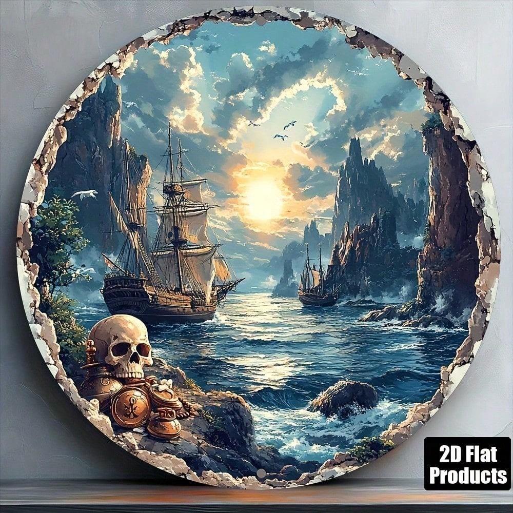 Vintage Retro Metal Sign 8x8 Inch, Round Pirate Bay 2D Flat Aluminum Wall Decor for Home Bar Kitchen Cafe
