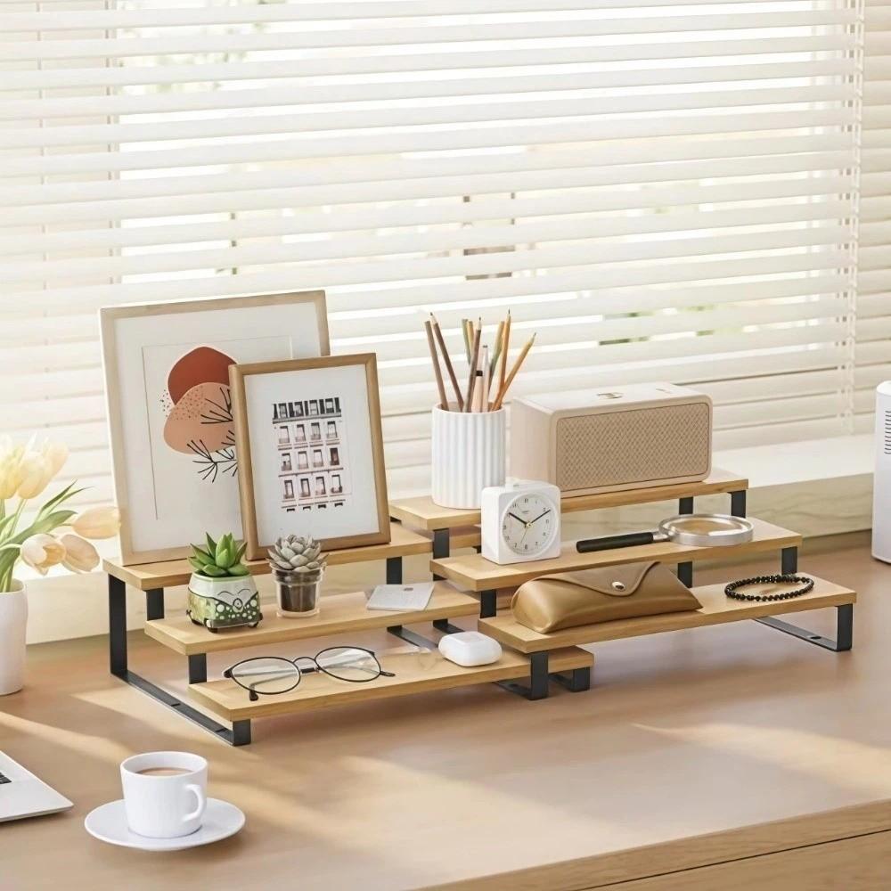 Large Capacity Expandable Step Storage Rack Bamboo Model Display Stand  For Kitchen