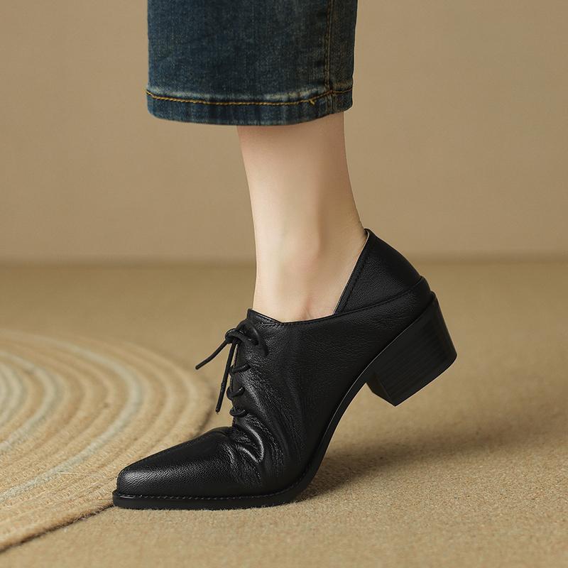 Mode 2025 Nya Klassiska Dam Pumps Vår Höst Kontor Damer Casual Hög Klack Bekväma Äkta Läder Snörskor Svarta Skor Kvinna