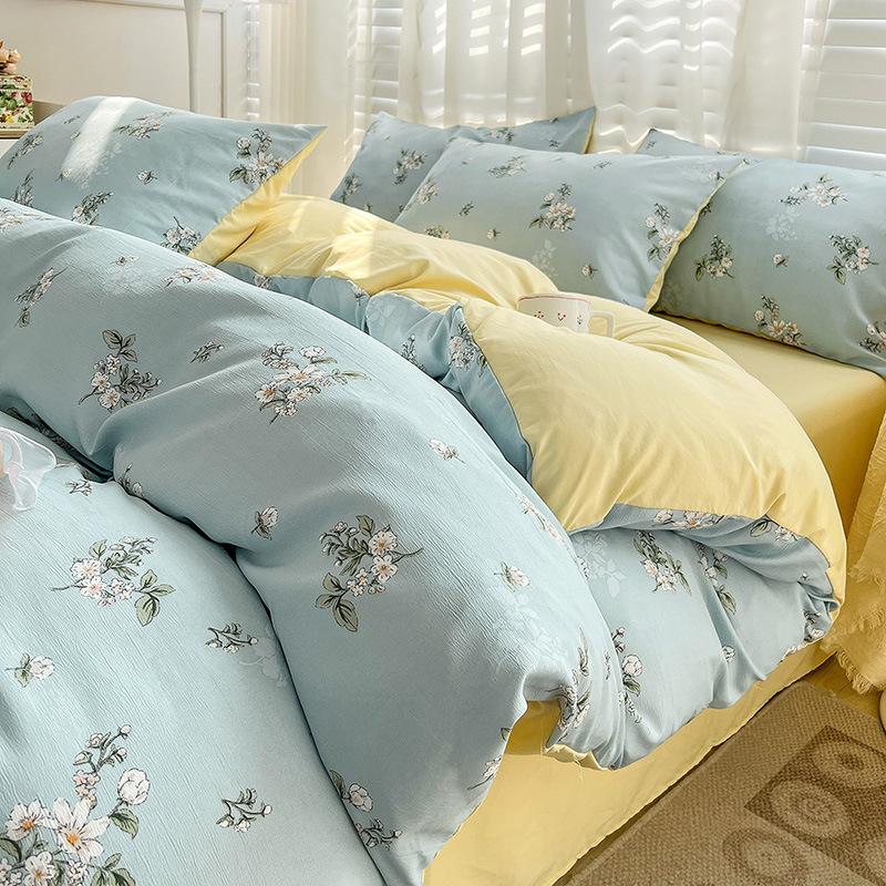 Washed Cotton 4Pcs Set, Double-Layer Yarn Quilt Cover, Dormitory Bed Sheet Three-Piece Set, Household Bedding