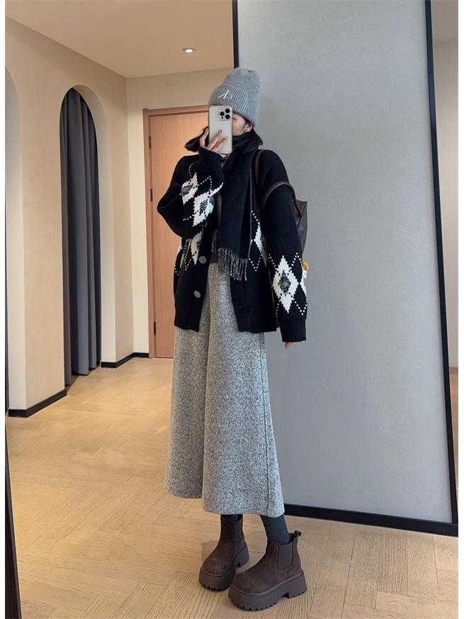 Elegant Wool Blend Bootcut Wide-Leg Cropped Trousers - Warm and Slimming for Autumn/Winter 2025