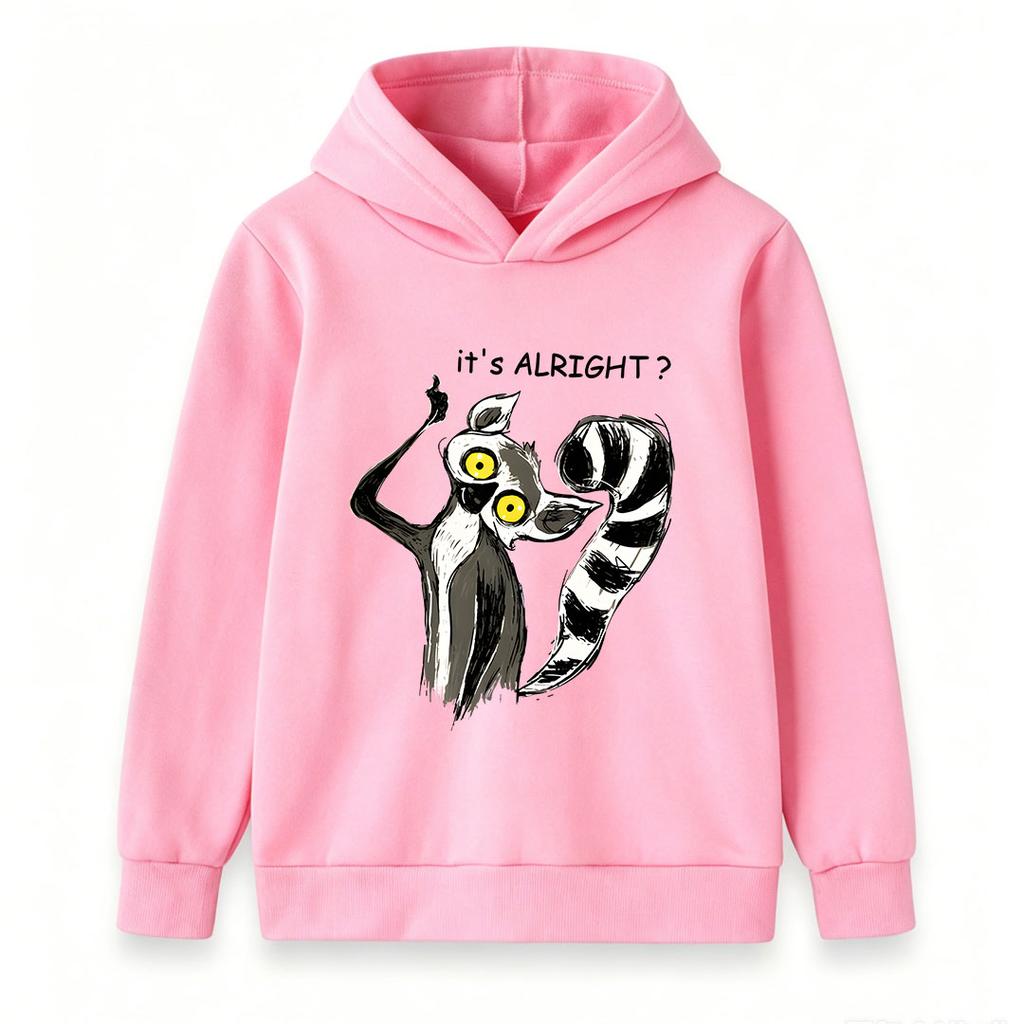 Kids Boys Girls Pullover Hoodie, Cartoon It's Alright Lemur Print Long Sleeve Casual Hooded Sweatshirt for Children Daily Casual Wear
