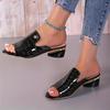 Women’s Black One-Strap Block Heel Sandals, Plus Size Casual Slip-On Shoes
