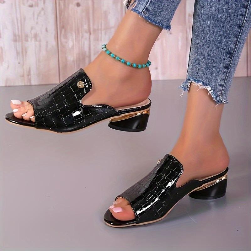 Women’s Black One-Strap Block Heel Sandals, Plus Size Casual Slip-On Shoes