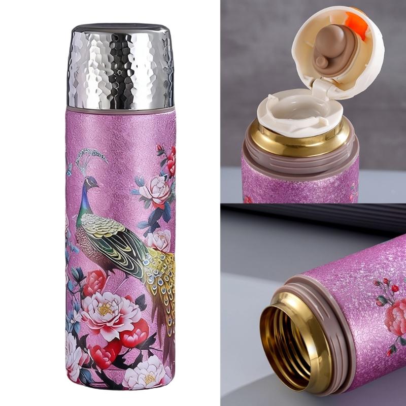 Tragbare Isolierte Rostfreie Stahlwasserflasche im Retro-Design mit Goldenen Pfauen Thermisch Effizient für den Täglichen Gebrauch