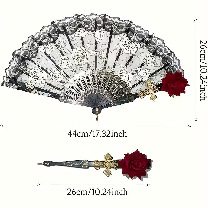 Vintage Spanish Flamenco Folding Fan Rose Lace Hand Fan Elegant Black Decorative Fan for Wedding Party Stage Performance Costume Accessory