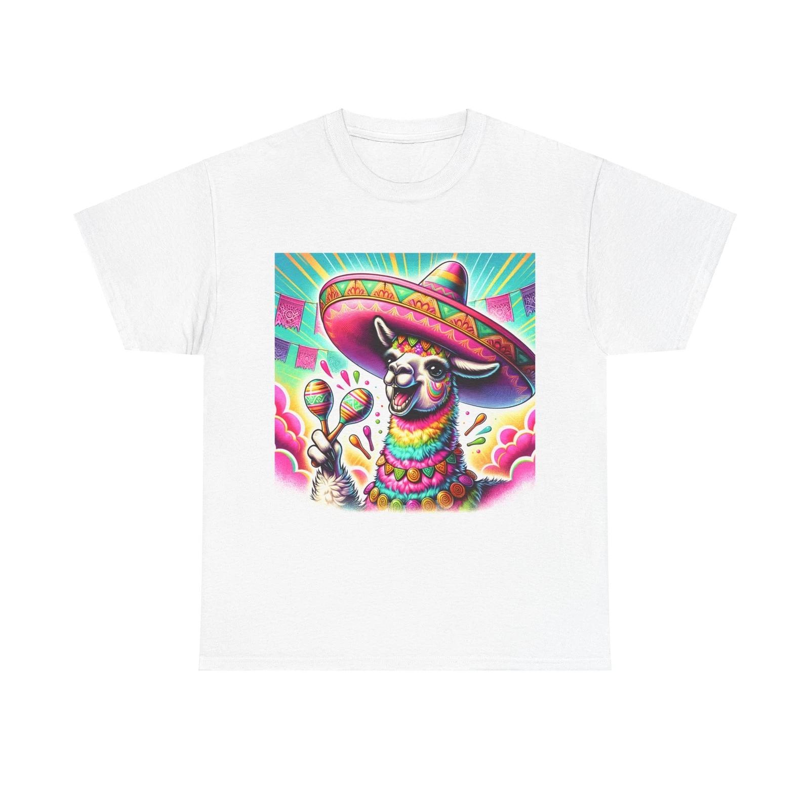 Unisex Adult T Shirt Whimsical Llama Colorful Sombrero Maracas L
