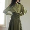 Women's Retro French Green Asymmetrical Collar Shirt & Midi Skirt Set - 2025 Autumn Trend