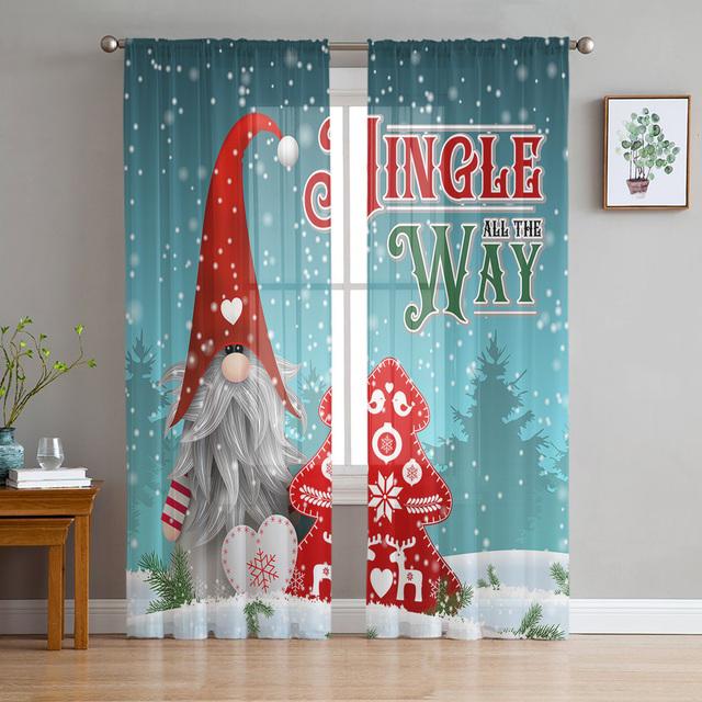 Christmas Gnome Wood Grain Snow Tulle Curtains For Living Room Decoration Modern Chiffon Sheer Voile Christmas Curtains