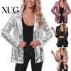 Paillettenjacke Damen Glänzend Offene Vorderseite Blazer Abend Elegant Damen Party Funkelnd Langarm Cardigan Mantel mit Taschen