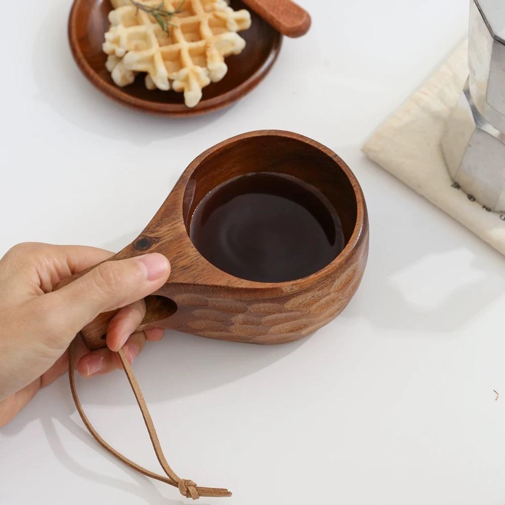 Wooden Finnish Cup Camping Outdoor Wooden Cup Acacia Wood Handle Handy Cup Pure Handmade Creative Milk Coffee Cups
