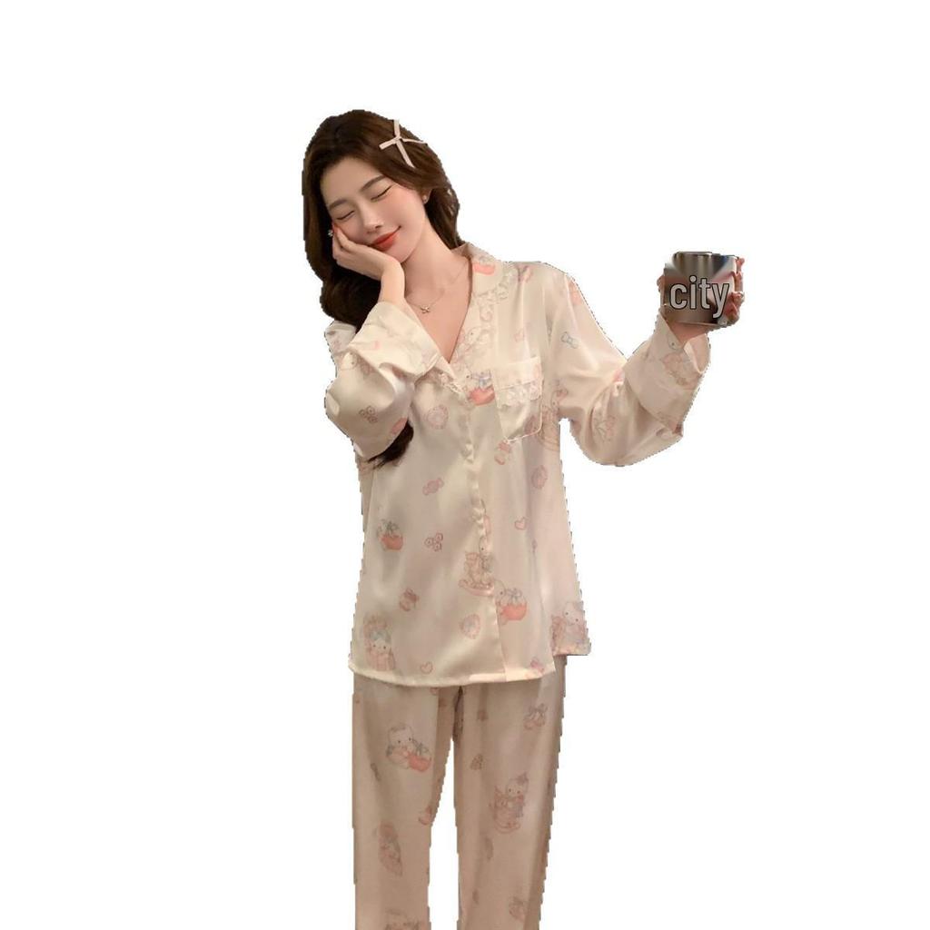 KT Cartoon Print Women's Ice Silk Pajamas - Cute Long Sleeve Spring Set for Comfortable Homewear