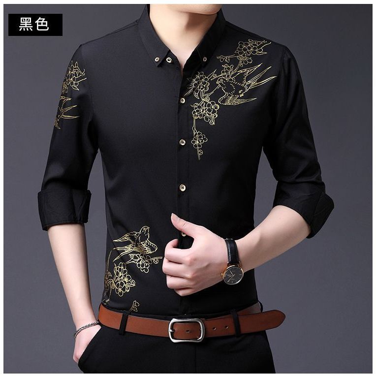 

Весенняя тонкая новая рубашка с длинным рукавом для мужчин, с принтом, отложным воротником, тонкая, не требующая глажки, повседневная, деловая, большого размера M чёрный