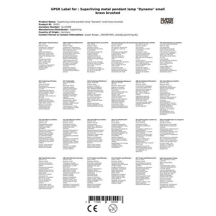 Superliving Metal Pendant Lamp "Dynamo" Small Brushed Brass