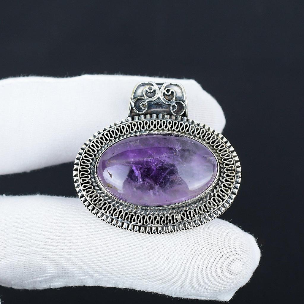Natural Amethyst Gemstone Silver Pendant In 925 Sterling Silver- Handmade Design, Everyday Wear Jewelry, Antique Pendant Birthday Gifts