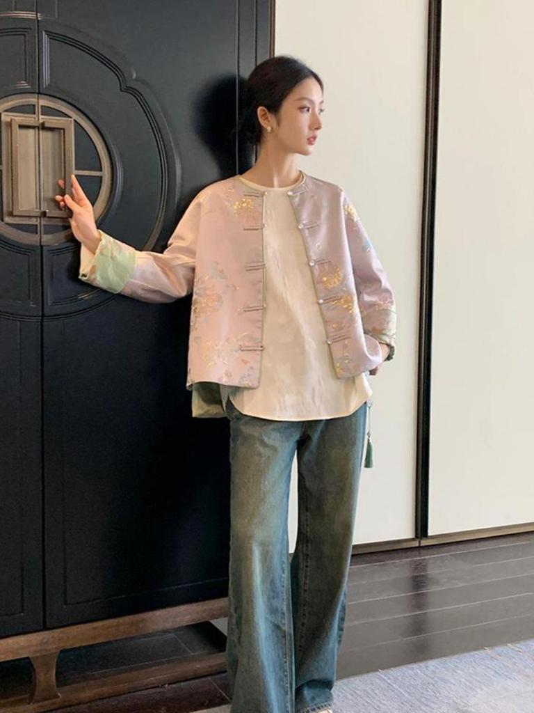 2024 Retro prošívaná vyšívaná bunda v čínském stylu se žabími knoflíky