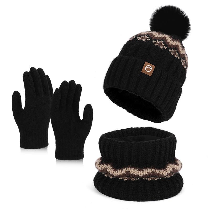 Winter hat, scarf, gloves, three-piece set, outdoor cold-proof and warm pullover hat, fleece ear protector, knitted wool hat for women