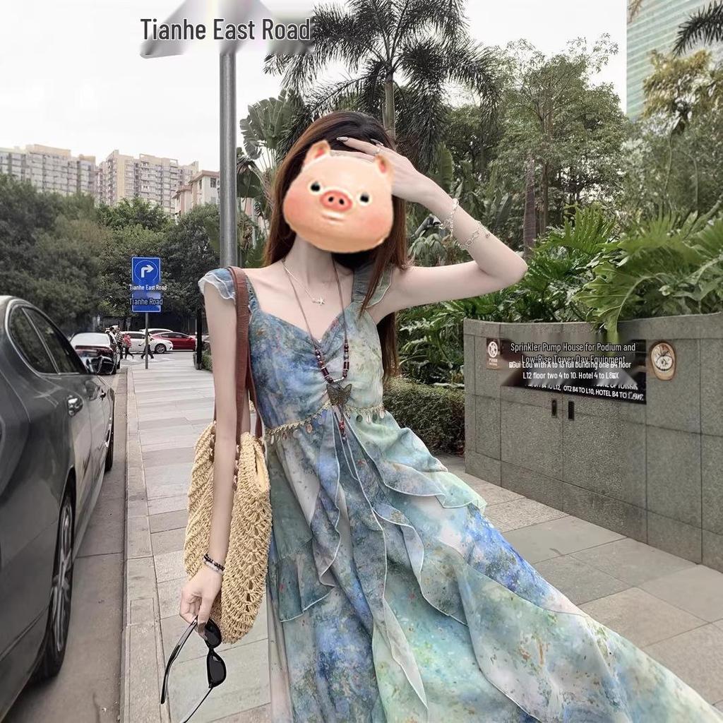 Seaside Resort Style Flutter Sleeve Camisole Dress - Women's Summer 2026 Waist-Cinched Irregular Fairy Dress