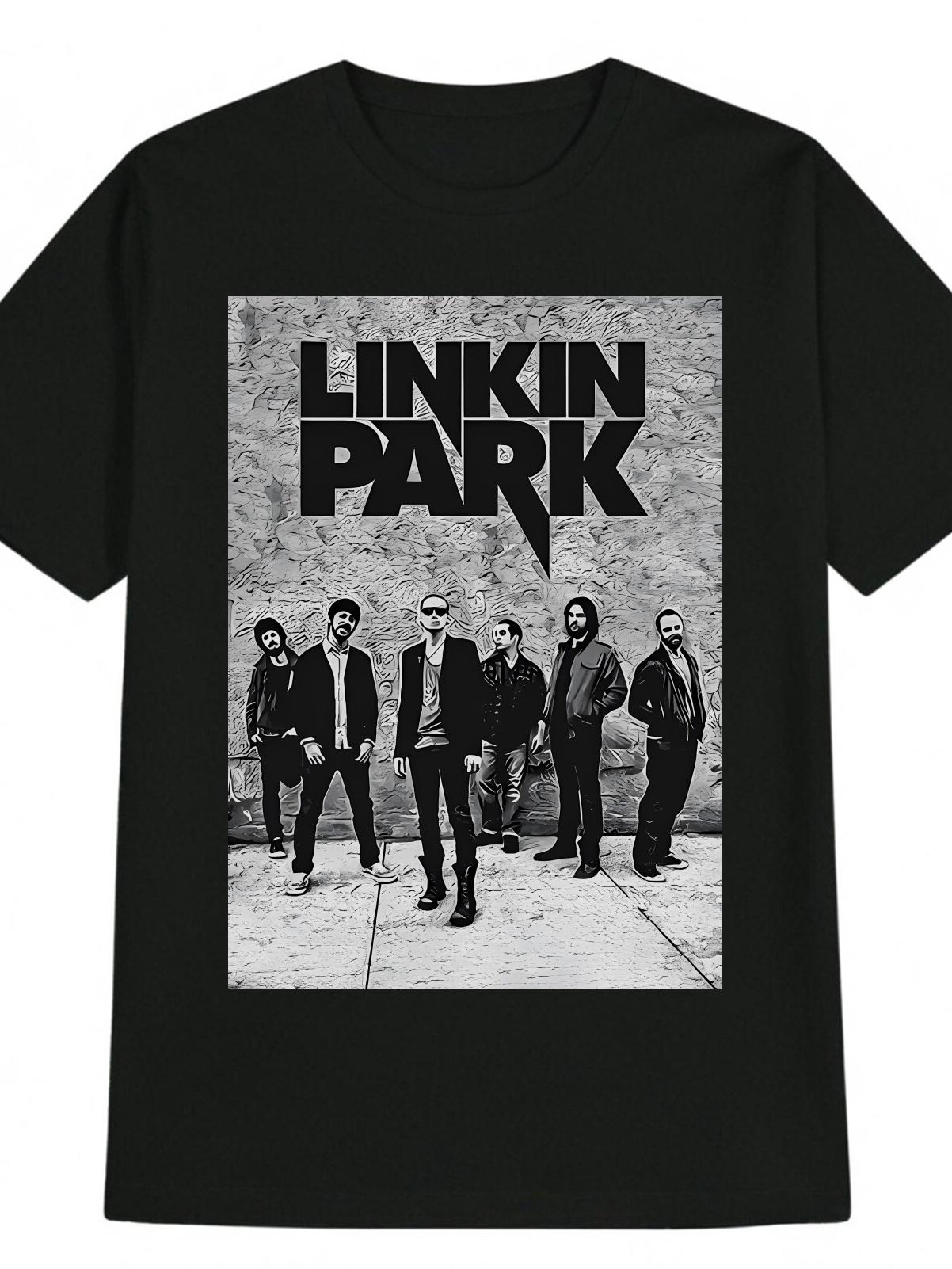 Casual Crew Neck T-shirt with Linkin Park Band Graphic - Black S