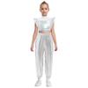 Kids Girls Hip-Hop Jazz Dance Set Mock Neck Rhinestone Mesh Patchwork Sleeveless Metallic Ruffle Crop Top with Shiny Cargo Pants