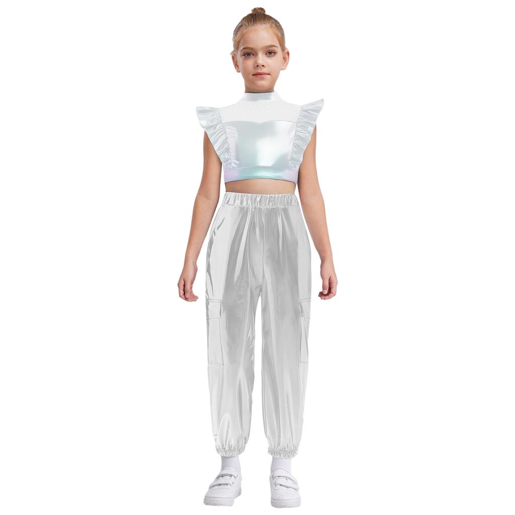 Kids Girls Hip-Hop Jazz Dance Set Mock Neck Rhinestone Mesh Patchwork Sleeveless Metallic Ruffle Crop Top with Shiny Cargo Pants