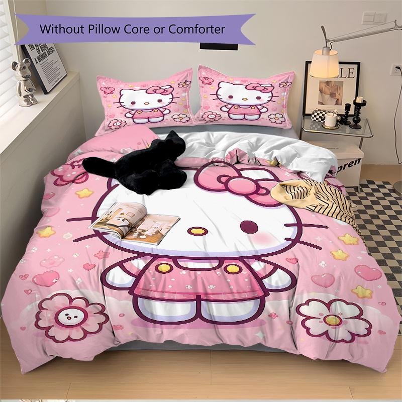 3pcs Hello Kitty's Sweet Adventure Printed Bedding Set, Soft and Comfortable Quilt Cover for Bedroom, Guest Room (1 Duvet Cover + 2 Pillowca