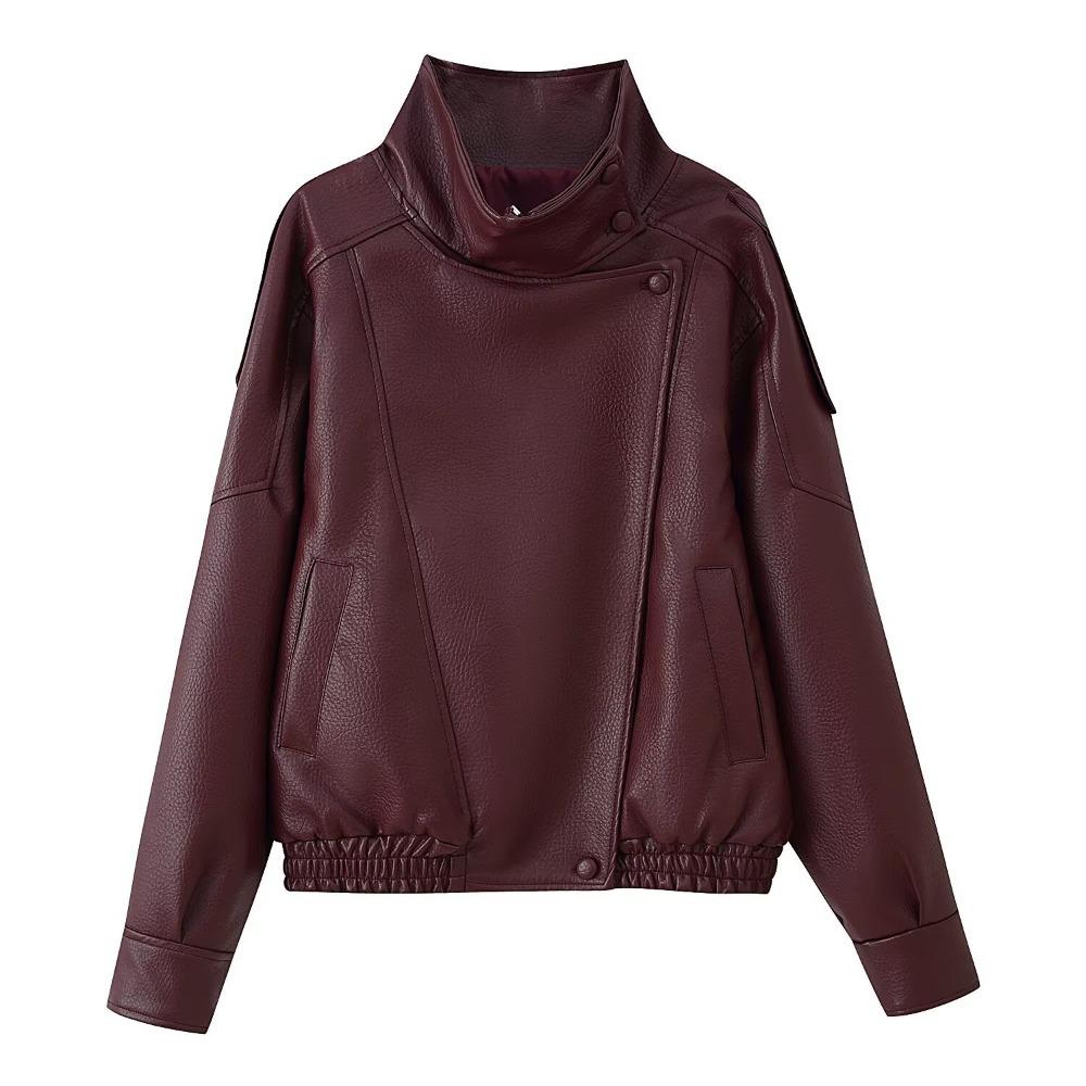 Women's Stand Collar Long Sleeve Jacket Oversized Streetwear Faux Leather Moto Coat
