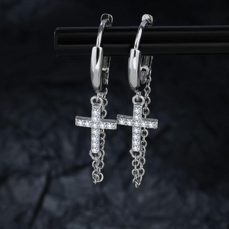 Fashionable And Creative Cross Inlaid Zircon Earrings For Men And Women Hip-hop Punk Tassel Pendants, Daily Party Jewelry Gifts