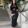 European and American Fashion Women's Round Neck Mesh Splicing Long Sleeved Medium To Long Tight Dress