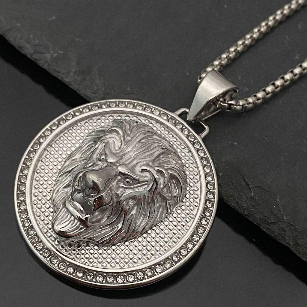 Stainless Steel Rhinestone Lion Head Pendant Hip Hop Necklace