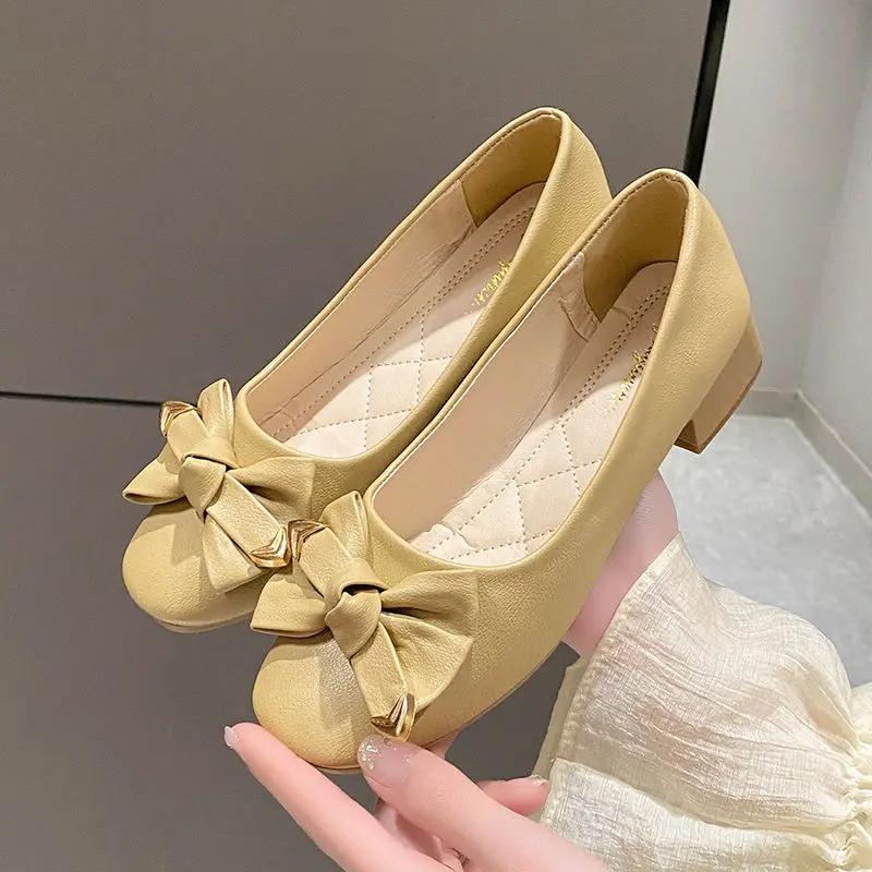 Fashion Women's Shoes Square Heels Toe Ladies Pumps with Bow Medium Popular Wholesale Chic Point on Sale Stylish High Quality Footwear